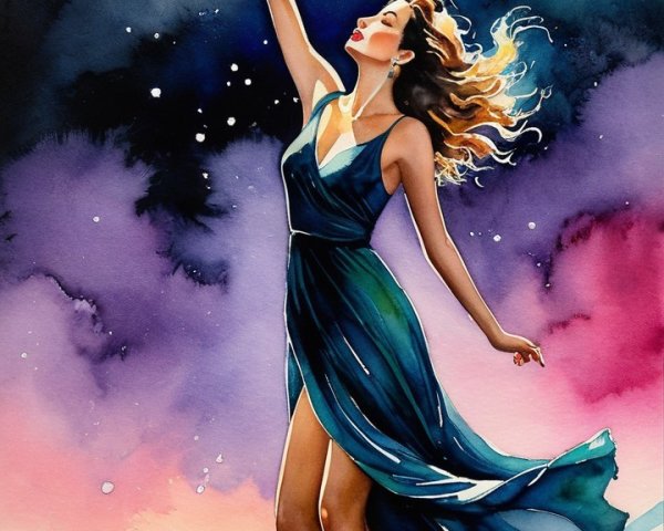 Watercolor Painting of Woman Reaching for the Moon