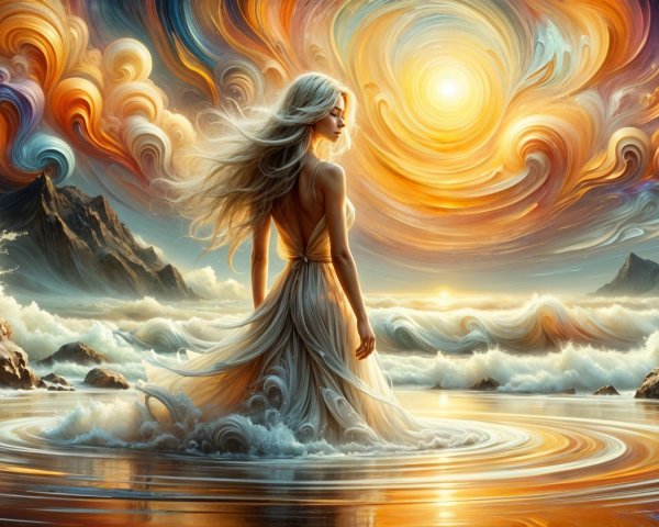 Serene figure in shimmering water with vibrant clouds