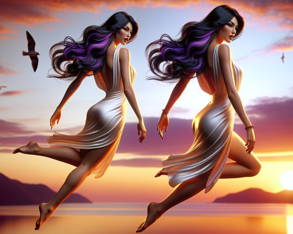 Sunset Scene with Ethereal Figures Over Water