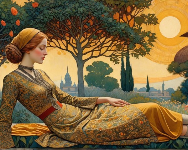 Serene Woman in Yellow Gown Amidst Vibrant Nature