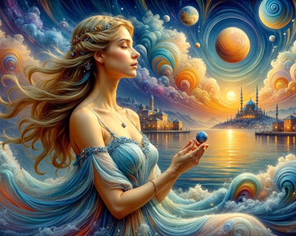 Serene Woman by Tranquil Sea with Cosmic Background