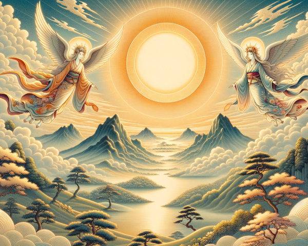Majestic Mountains and Angels in a Serene Landscape