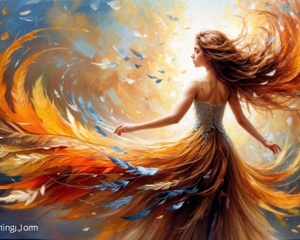 Graceful Figure in Vibrant Feather Gown with Leaves