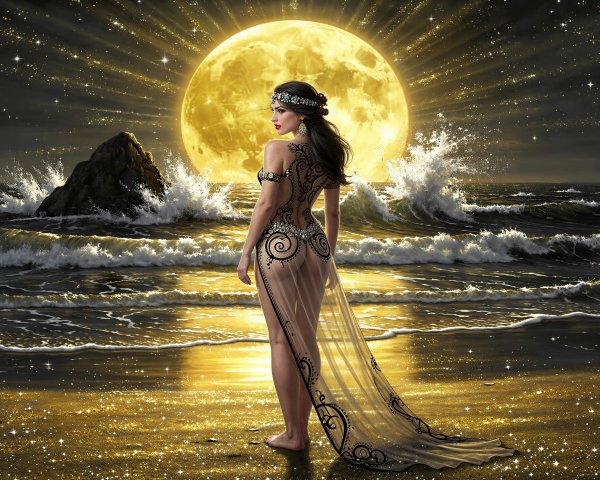 Realistic Painting of Woman in Moonlight Glow