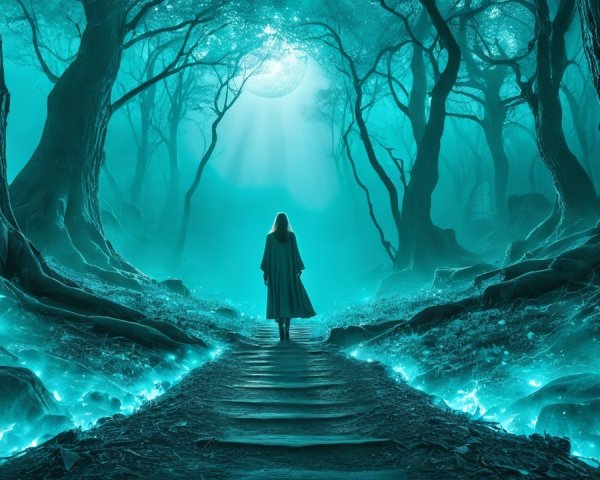 Lone Figure in Cloak at Mystical Forest Edge