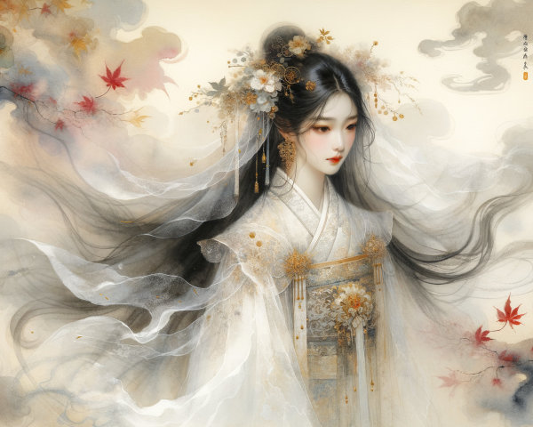 Graceful figure in traditional gown with autumn backdrop