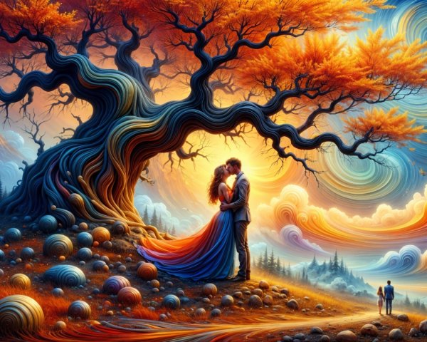 Vibrant Landscape with Intricate Tree and Embrace