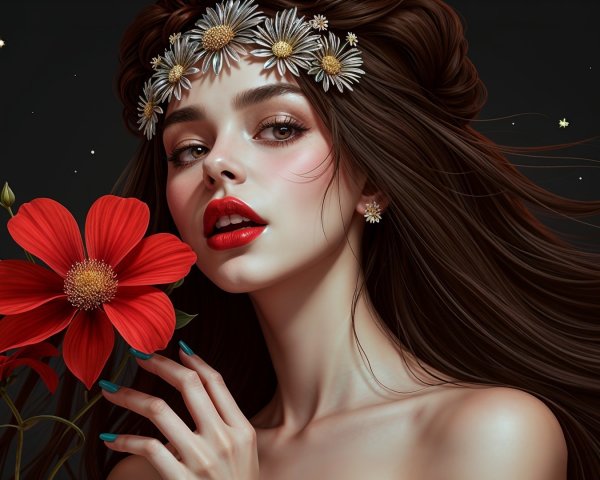 Young woman with flowers and bold red accents