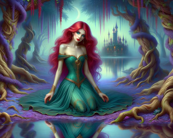 Digital painting of a woman in emerald dress and red hair