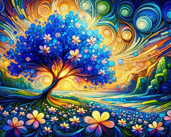 Vibrant Landscape with Majestic Tree and Waterway