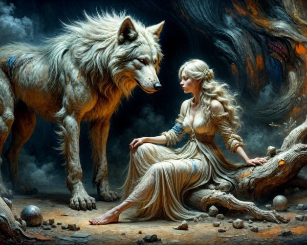 Woman in Gown with White Wolf in Mystical Setting