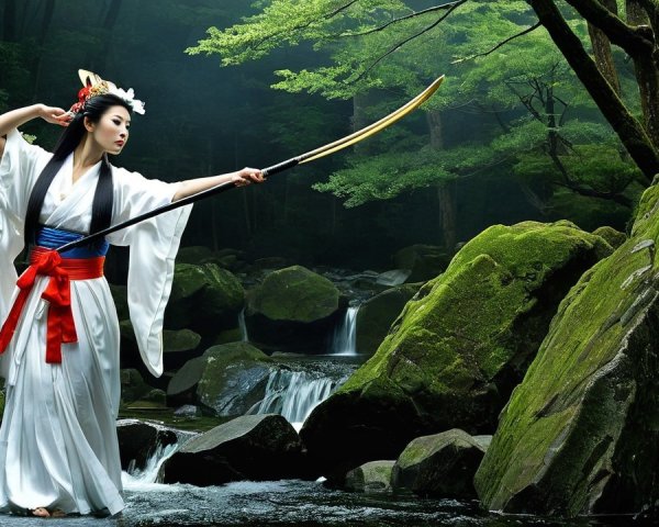Traditional Japanese Figure with Sword by Stream