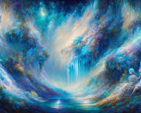 Ethereal Figures by a Serene Reflective River