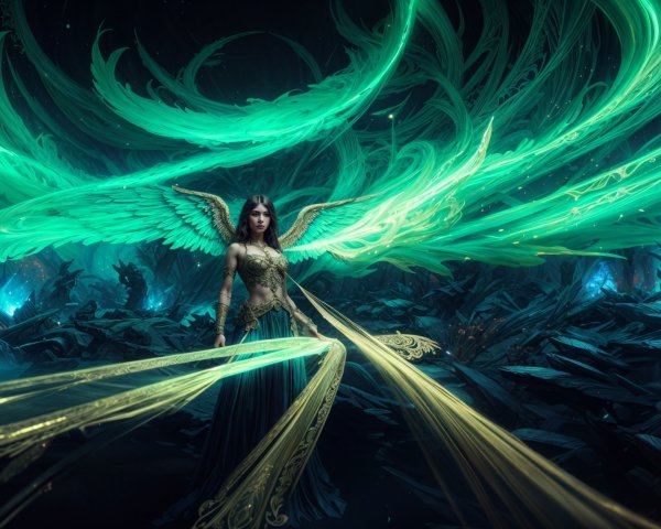 Ethereal Figure with Green Wings in Mystical Realm