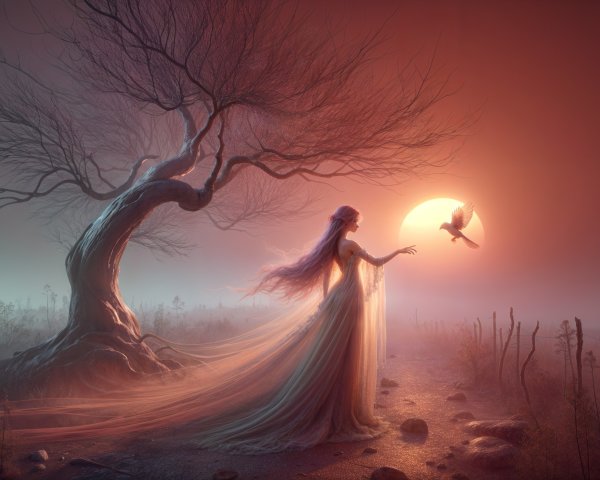 Mystical Dusk Landscape with Ethereal Figure and Bird