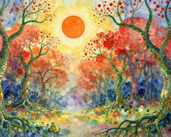 Whimsical Forest Watercolor with Vibrant Colors