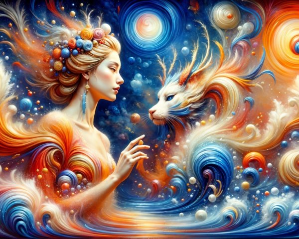 Serene Woman and Mythical Creature in Cosmic Landscape