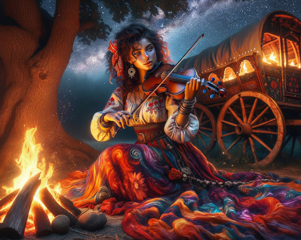Young Woman Playing Violin by Campfire at Night