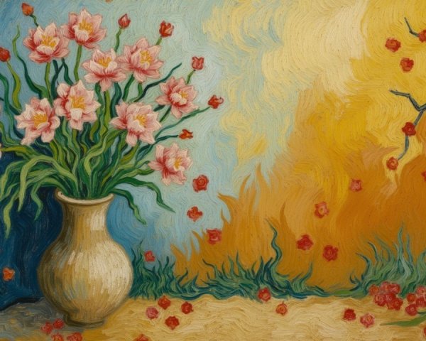 Still Life Painting with Pink Flowers and Vibrant Background