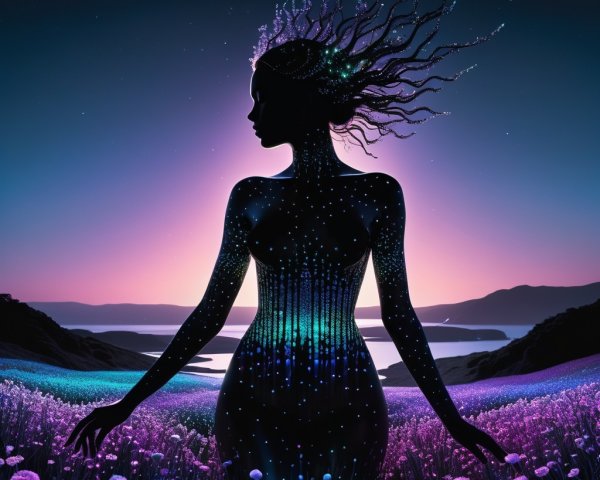 Silhouette of a woman in a vibrant cosmic landscape