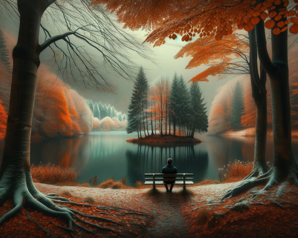 Autumn Forest Scene with Tranquil Lake Reflection