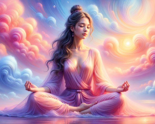 Serene Woman in Meditative Pose Among Pastel Clouds