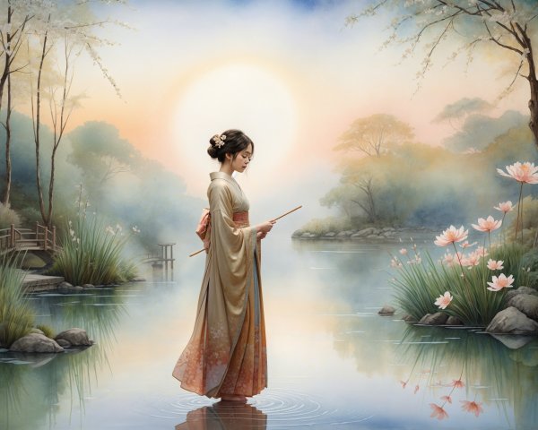 Young Woman in Kimono by Lotus Flowers at Sunrise