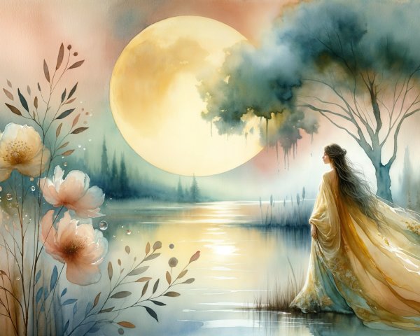 Tranquil Lake and Moonlit Landscape with Woman