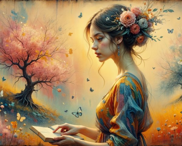 Young woman reading in a vibrant, dreamy landscape