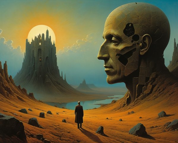 Surreal Landscape with Colossal Face and Castle Structure