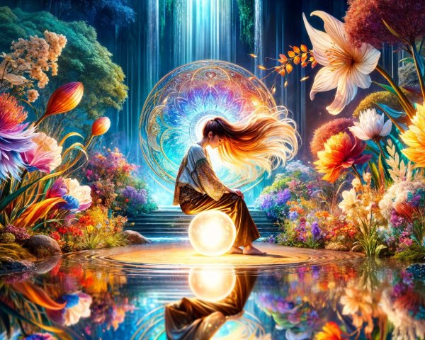 Serene figure in an ethereal garden with vibrant flora