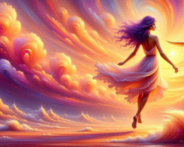 Woman in White Dress Soaring Above Vibrant Sunset Sky