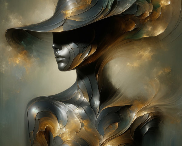 Abstract Human Form with Metallic Textures and Hat