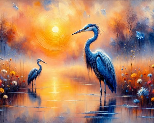 Serene Sunset Landscape with Herons and Blooming Flowers