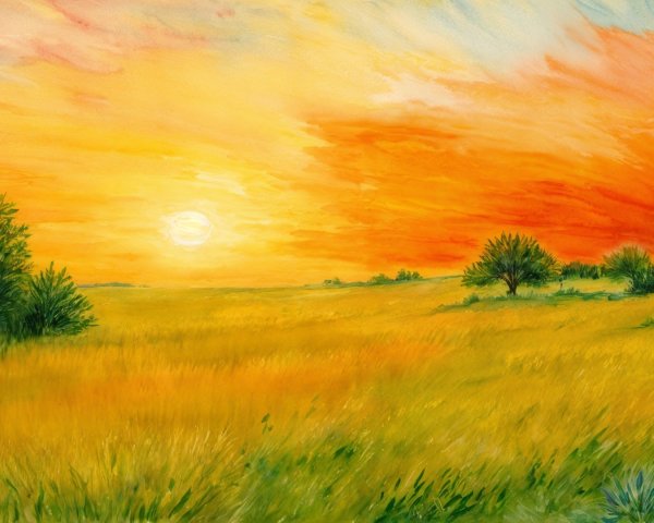 Vibrant Sunset Over Tranquil Landscape and Field