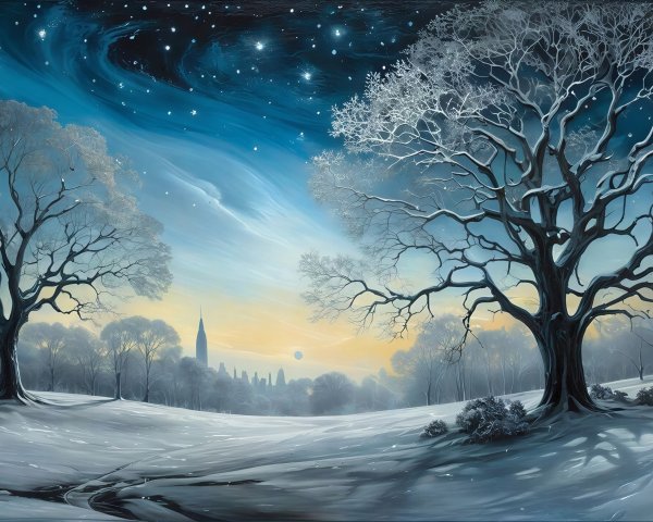 Serene Winter Landscape with Moonlit Cityscape