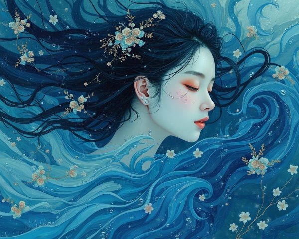 Serene Portrait of a Woman in Flowing Blue Waves