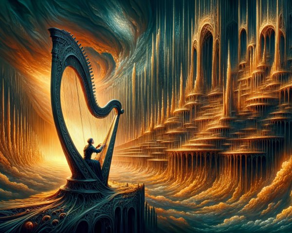 Surreal Scene with Harpist on Ornate Structure