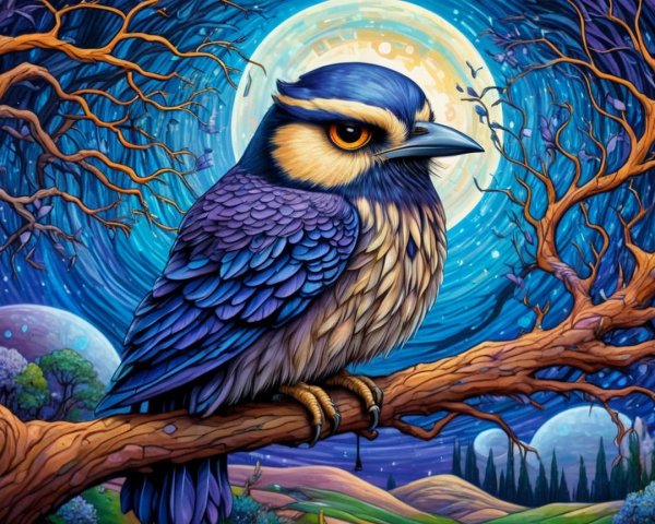 Majestic bird on branch under vibrant night sky