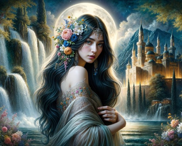 Ethereal Woman by Waterfalls with Castle Background