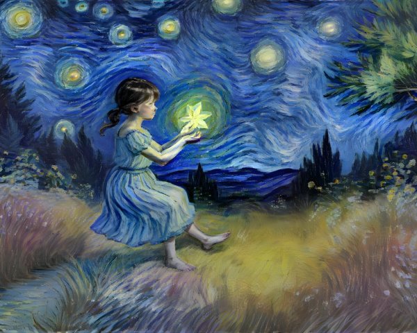 Young girl in blue dress holds glowing star in nature