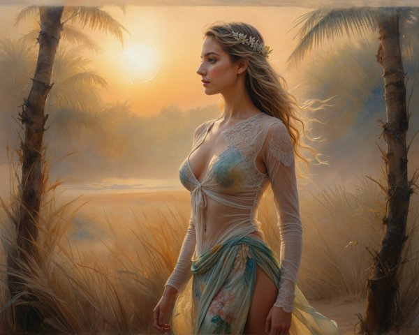 Woman in Sunlit Landscape with Palm Trees and Grasses