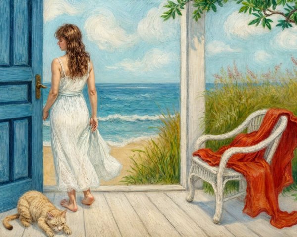 Woman in White Dress at Ocean View Doorway