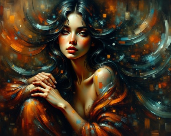Portrait of a Woman with Flowing Hair and Abstract Background