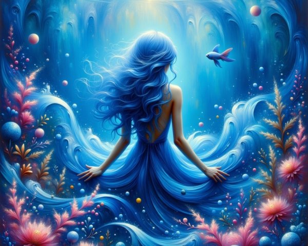 Serene Underwater Scene with Flowing Blue Hair