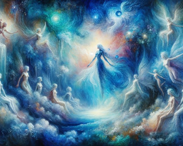 Cosmic Scene with Ethereal Beings and Vibrant Colors