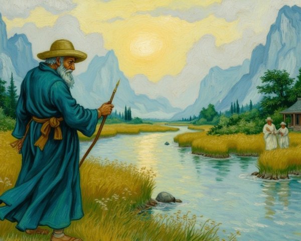 Elderly Man by Tranquil River in Serene Landscape