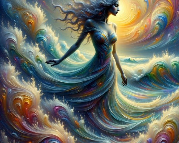 Ethereal Woman Among Vibrant Ocean Waves and Clouds