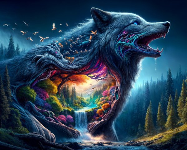 Wolf in Enchanted Forest with Birds and Waterfall