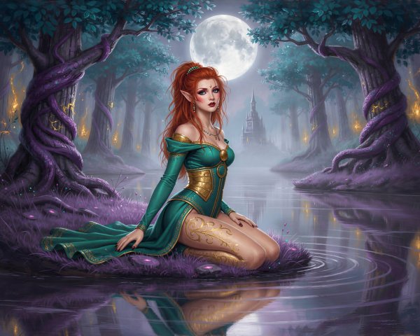 Auburn-haired Elf Queen in a Mystical Forest Setting
